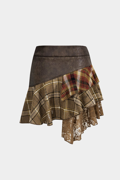 Plaid Print Faux Leather Patchwork Skirt