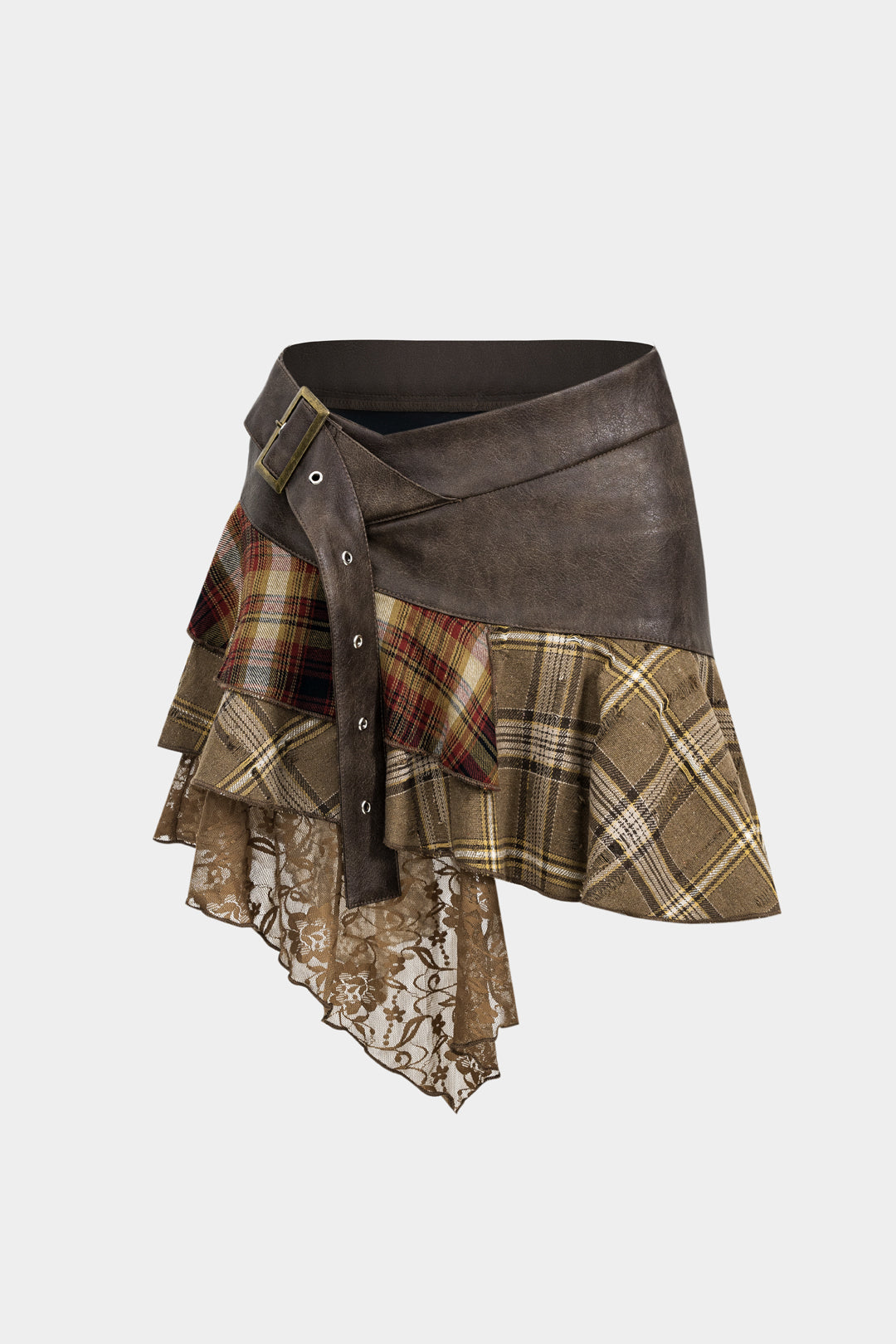 Plaid Print Faux Leather Patchwork Skirt