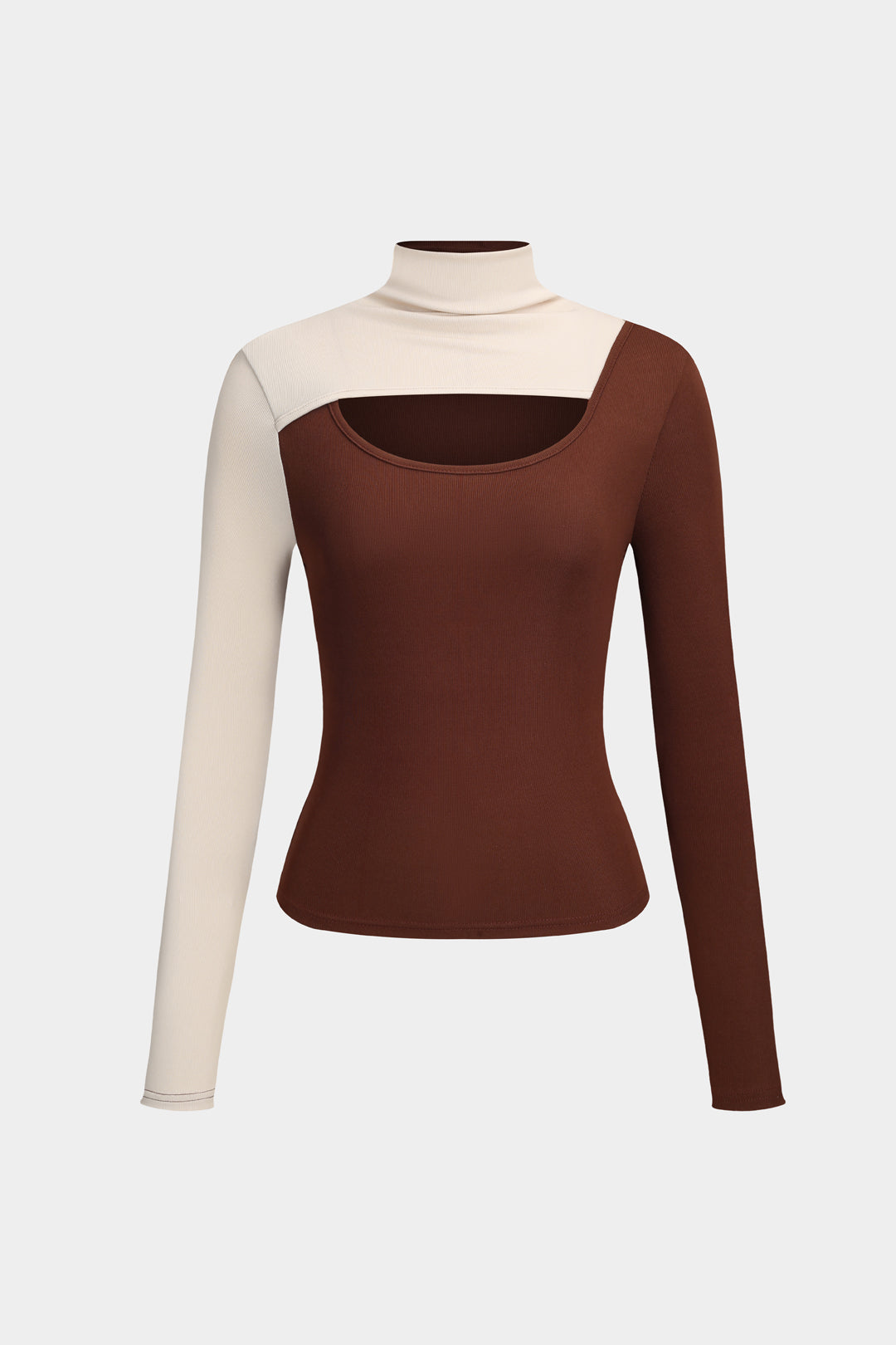 Cut Out Patchwork Mock Neck Long Sleeve Top