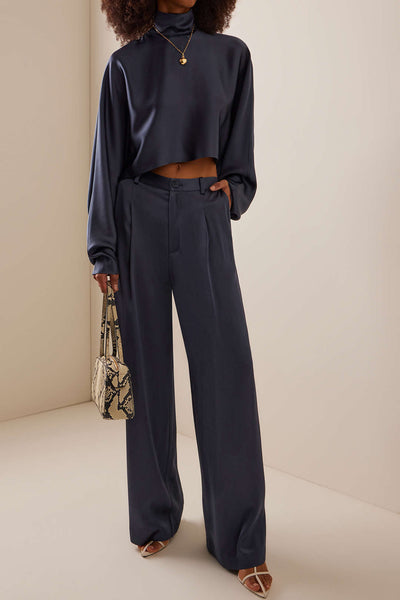 Satin Pleated Button Pocket Trousers