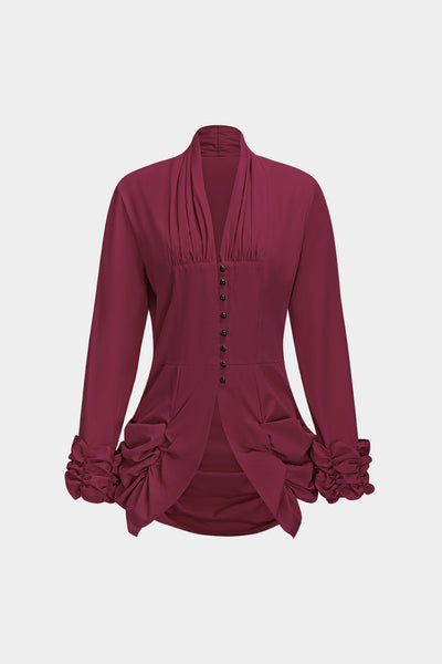 Button Ruched Long-Sleeve Shirt