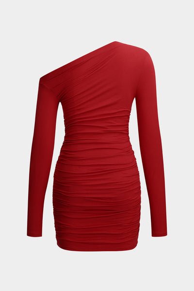 Ruched Asymmetry Neck Long Sleeve Mini Dress