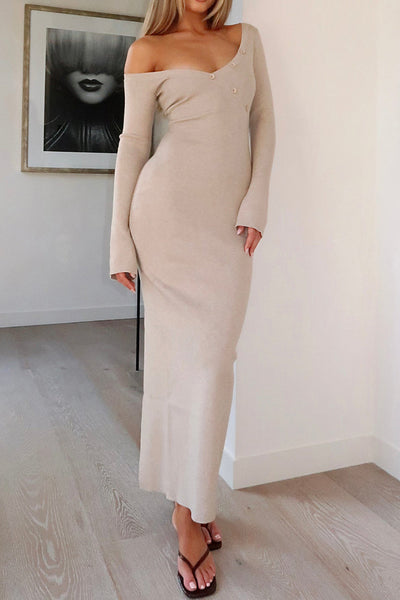 Button Asymmetric Neck Long Sleeve Maxi Dress