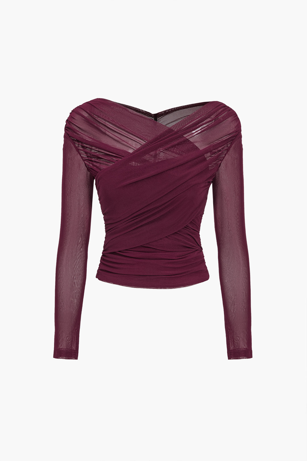 Solid Sheer Mesh Ruched Long Sleeve Top