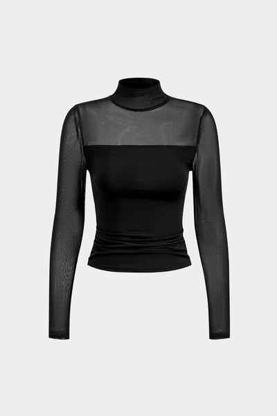 Mesh Patchwork Round Neck Long Sleeve Top