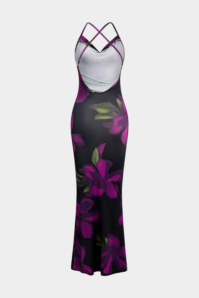 Floral Print Backless Sleeveless Maxi Dress