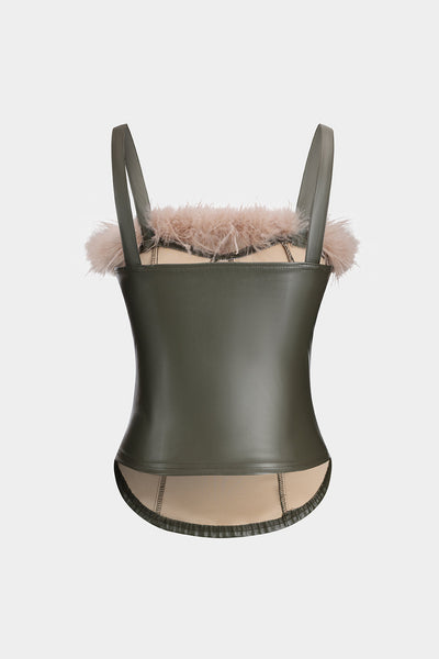 Faux Leather Feather Bustier Slip Crop