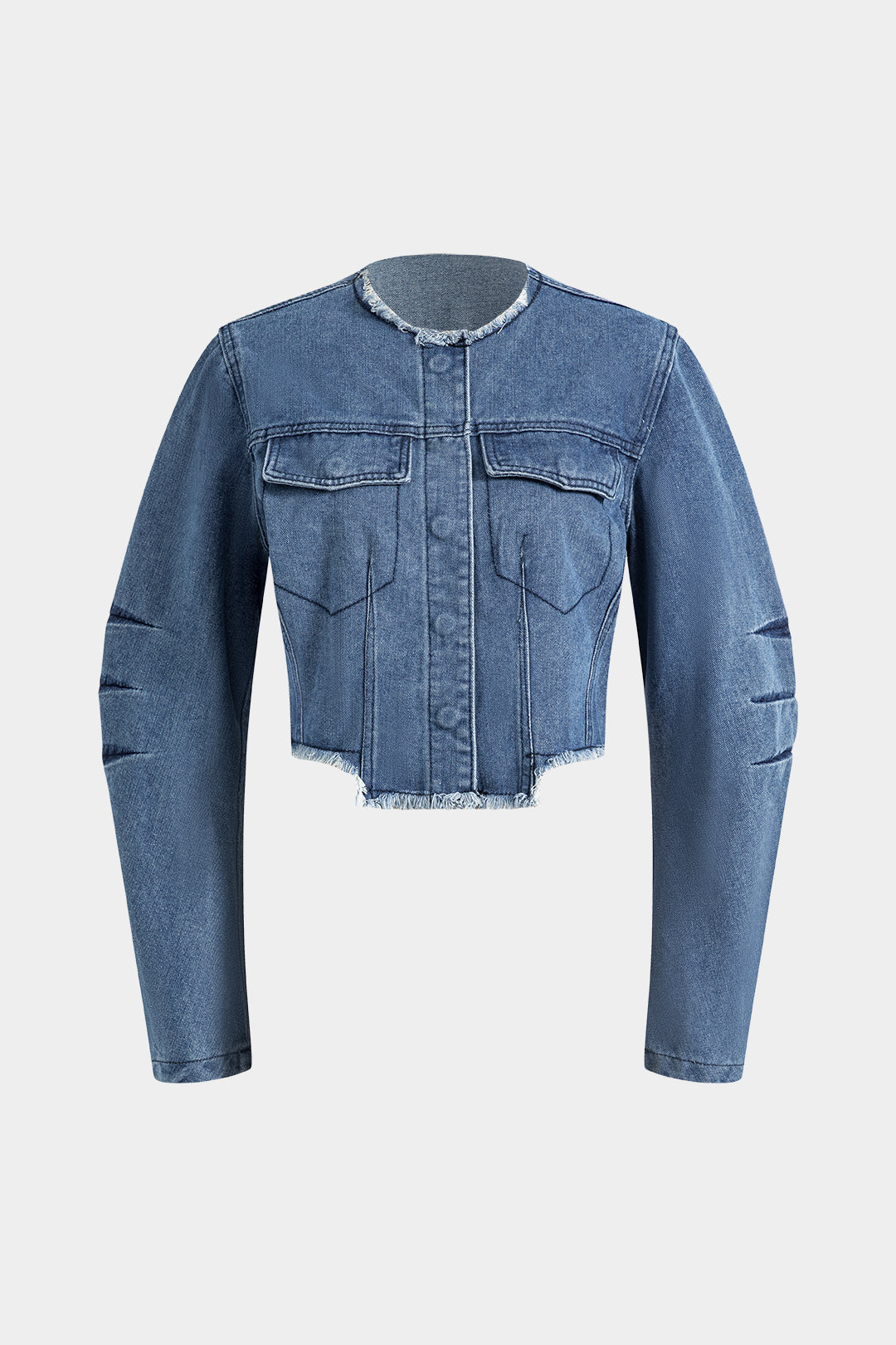 Denim Patchwork Button Round Neck Pocket Jacket