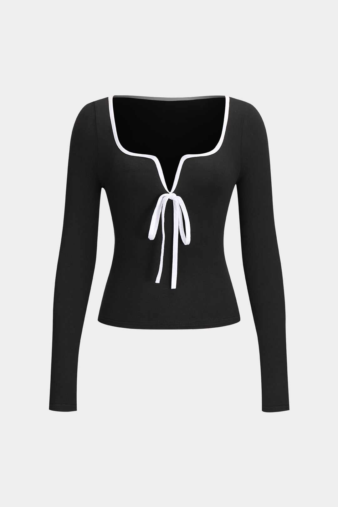 Contrast Bow Tie-Up Long Sleeve Top