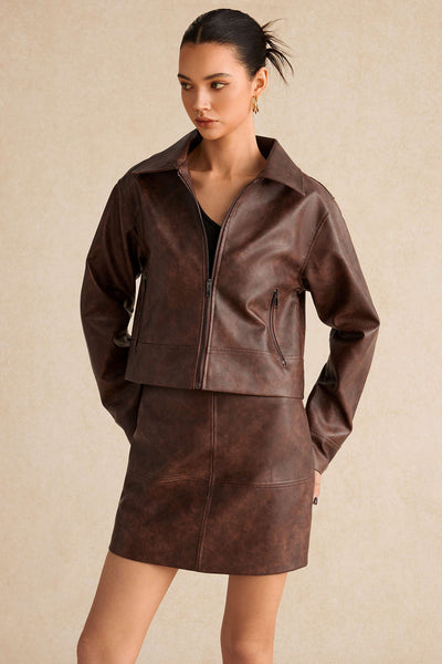 Faux Leather Zipper Long Sleeve Jacket