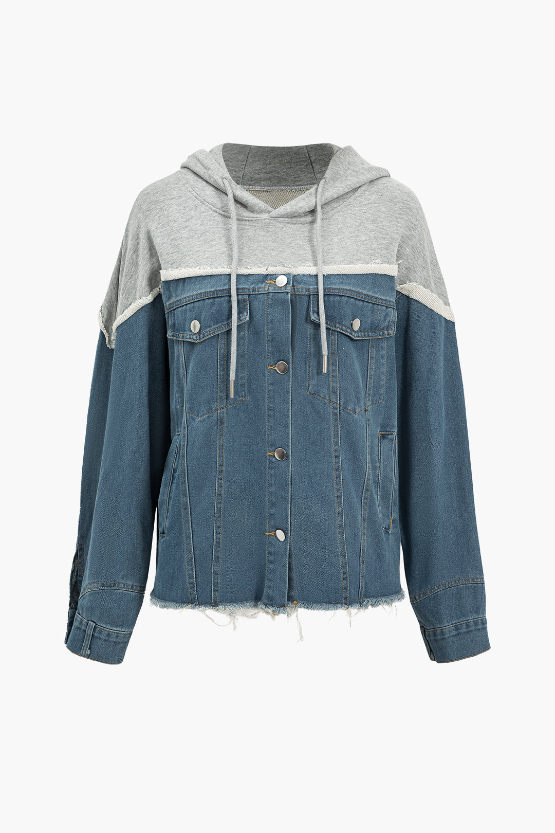 Denim Button Patchwork Hooded