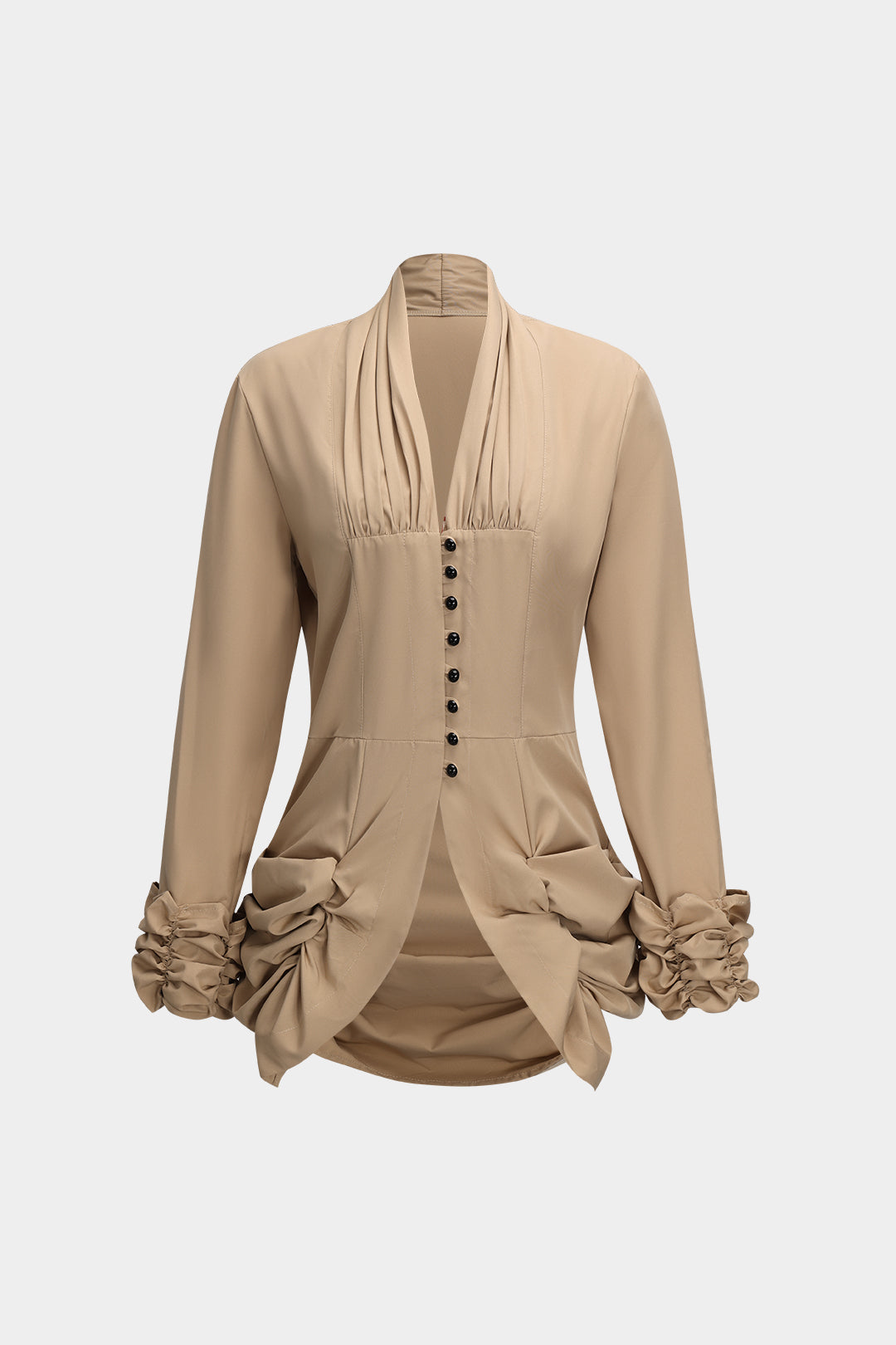 Button Ruched Long-Sleeve Shirt