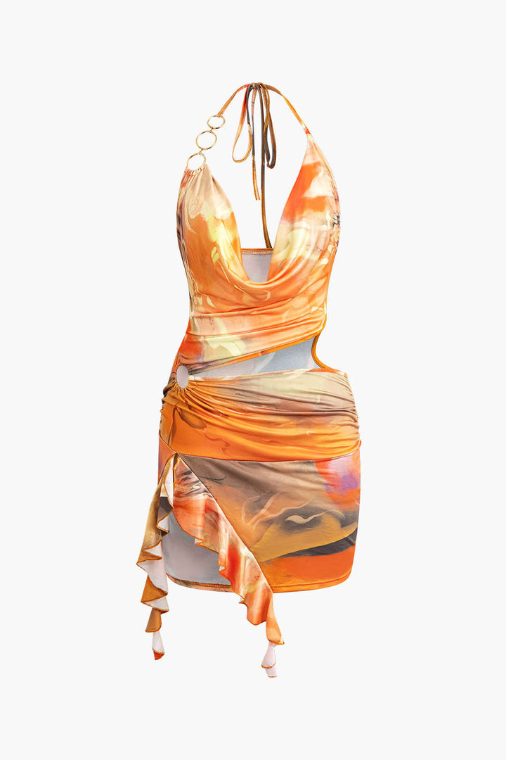 Abstract Print Halter Dress